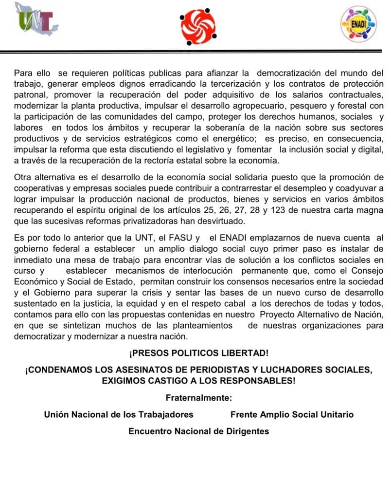 stunamsg's tweet photo. Las organizaciones que integramos la @UNT_mx , FASU y ENADI nos movilizamos en una #JornadaNacionaldeLucha en la que demandamos #DialogoySolución 
Comparte en tus redes usando el # #JornadaNacionalDeLucha y #MarchamosEnUnidad https://t.co/qCQr2W56Ke