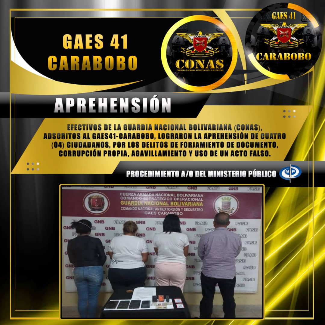 4Gaes's tweet photo. #31Ene| #GNBCONAS-#GAES41Carabobo logró la aprehensión de cuatro (04) ciudadanos, por los delitos de Forjamiento de documento, corrupción, agavillamiento y uso de un acto falso.  #PuebloyFANBPorLaPatria
#GNB
#JuegosNacionales2022
@PrensaFANB 
@PrensaCmdteGral
@CONASInvencible https://t.co/6xKAEAGCKk