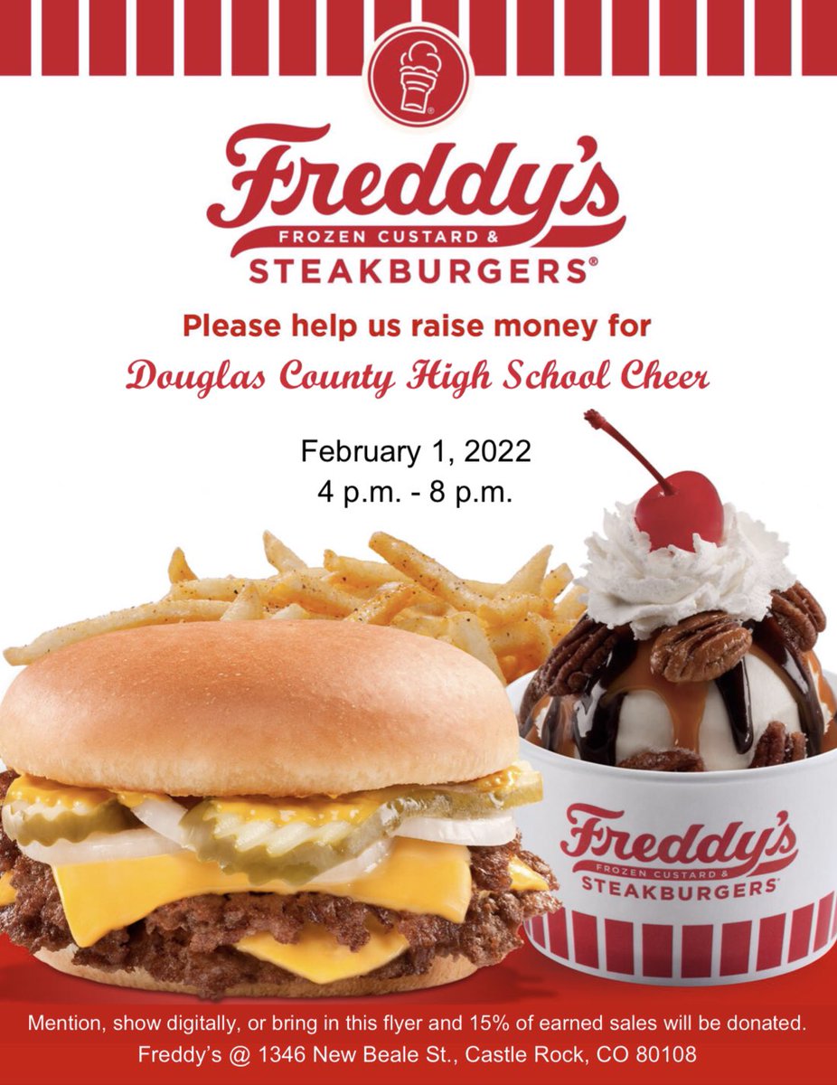 DouglasCoCheer's tweet photo. Show this flyer (or mention DCHS Cheer) at Freddyโs in Castle Rock tomorrow from 4-8pm to help #CountyCheer fundraise for @UCAnationals! ๐๐๐๐ฅค https://t.co/eC8rH4VDEE