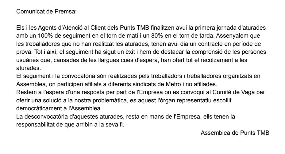 VagapuntsTMB's tweet photo. 31/01/2022
Primer dia d'aturades dels companys dels Punts TMB! Per una atenció digna ✊
Aquí tenim el seguiment de la primera jornada! ⬇️ https://t.co/B7mRx84qQK