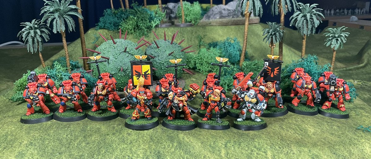 Necoho_Doubter's tweet image. This lot represents a chunk of my recent painting - need more banners and iconography, but starting to get some nice momentum behind this #oldhammer project! #PaintingWarhammer #WarhammerCommunity #BloodAngels