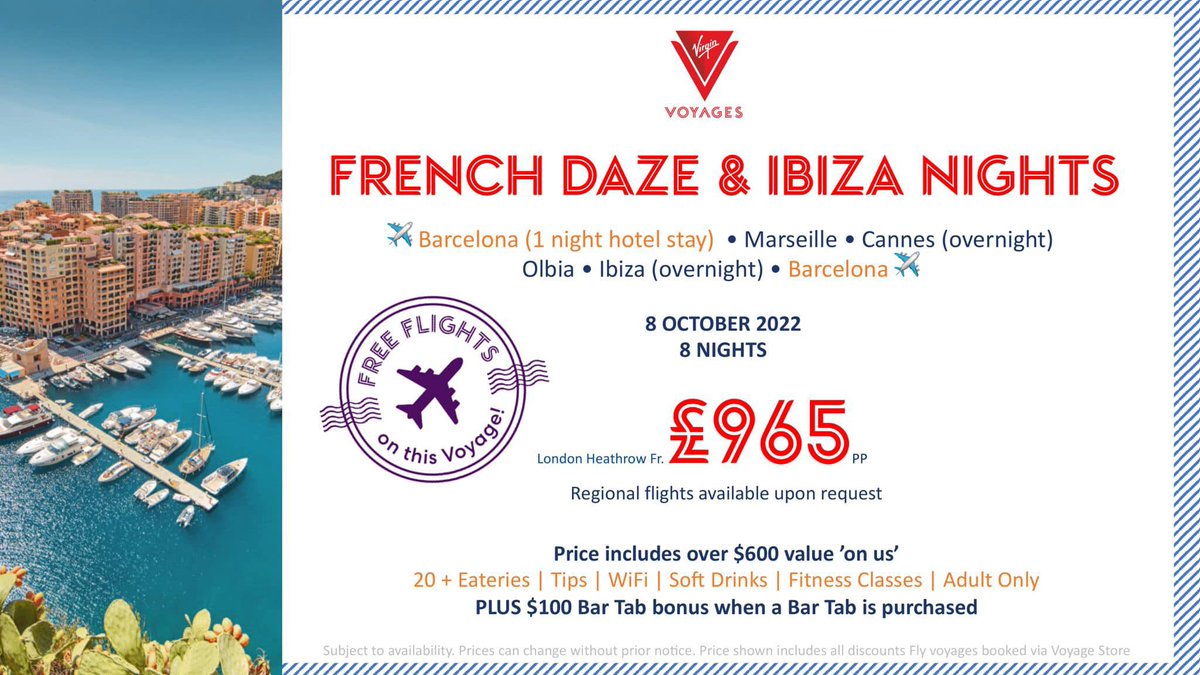 NotJustTravelGM's tweet photo. FREE flights from regional airports! Various dates and voyages from May to October - superb food, WiFi, gratuities, group fitness classes and basic drinks included. Only available to book through your favourite travel agent ππ»π @VirginVoyages #firstmates #seacademy https://t.co/VnAwEhFaBn