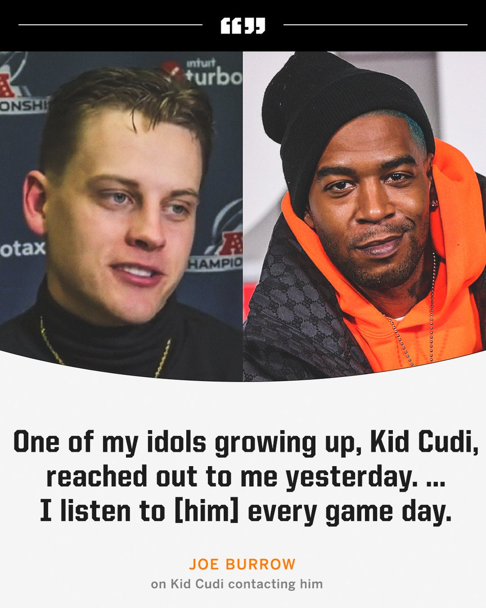 SportsCenter's tweet photo. Joe Burrow says Kid Cudi, originally from Ohio, was one of his idols growing up and still listens to his music before every game.

The rapper reached out to Burrow before yesterday's win 🙌 https://t.co/V7uHgHGcn7