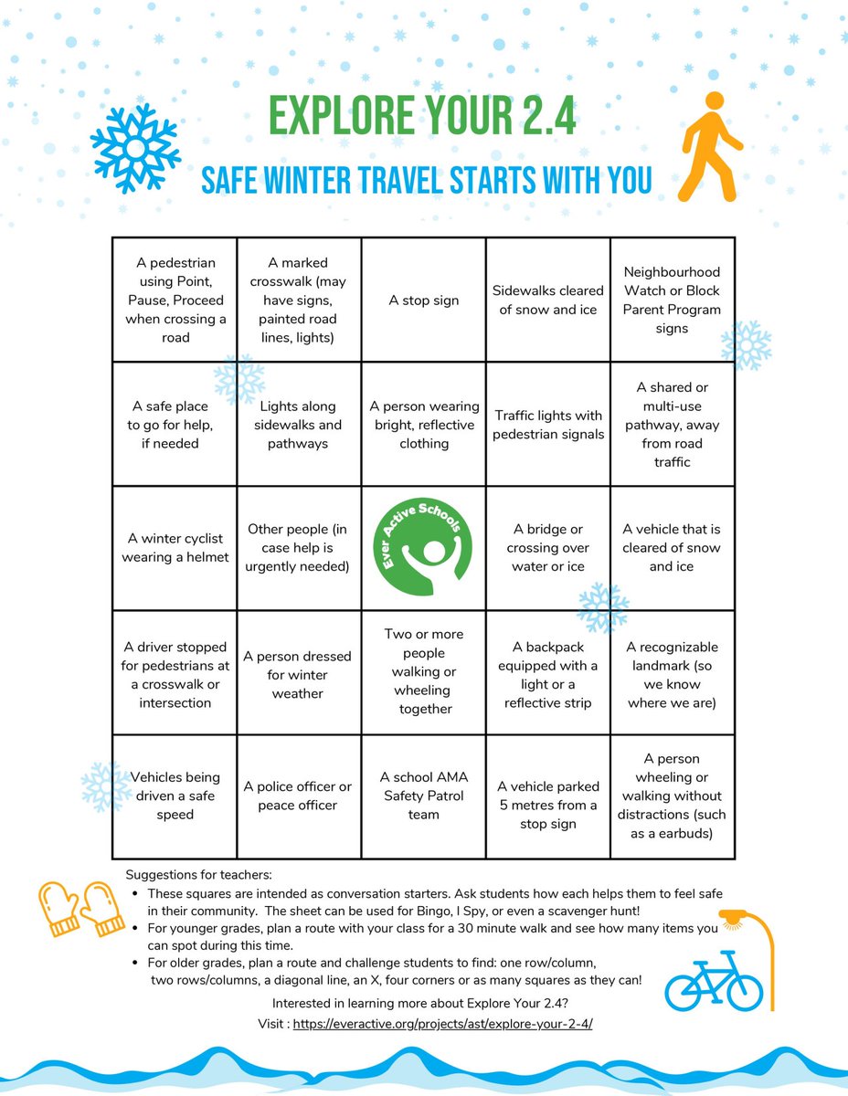 Looking for a fun #WinterWalkDay activity for your students? Check out Winter Bingo! This resource is a great way to start conversations with your students about active travel in their communities.
You can download and print Winter Bingo here: bit.ly/Winter-Bingo