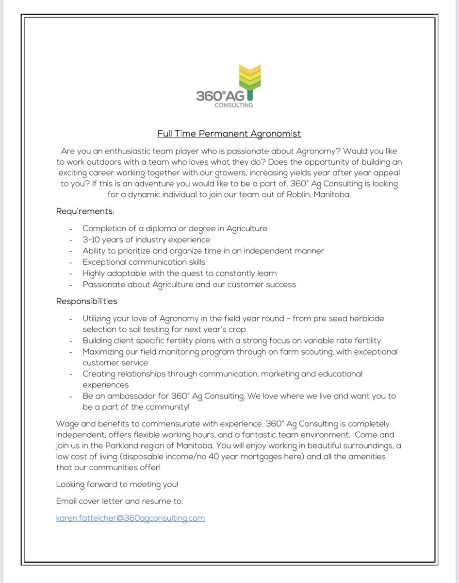 360agconsulting's tweet photo. Are you or someone you know looking for a full time agronomist position? We’re hiring! Send your cover letter and resume to Karen! https://t.co/00NZy3ryV2