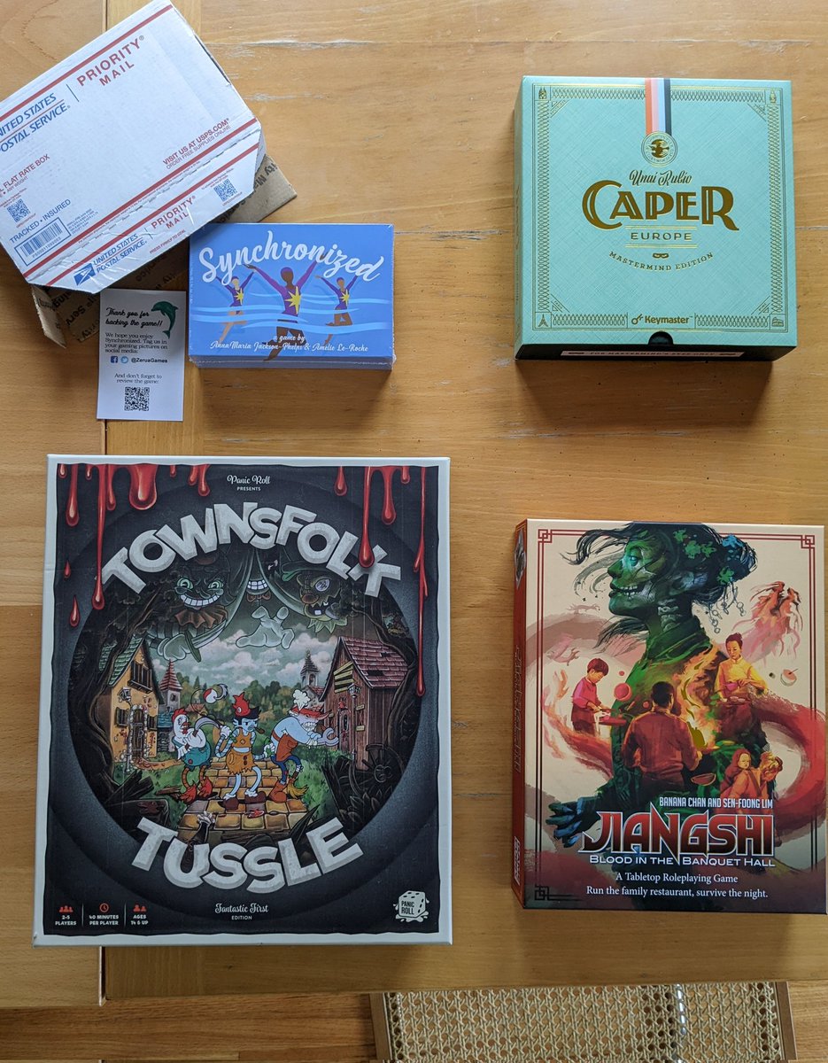 BoardgameSpam's tweet photo. Some pretty amazing crowd-funded games have arrived recently. Which games have made it to your doorstep in the past few weeks?
Synchronized @ZeruaGames
Jiangshi @SenFoongLim @WetInkGames @gameandacurry
Caper @KeymasterGames
Townsfolk Tussle #panicrollgames https://t.co/BSVvRGdjUw