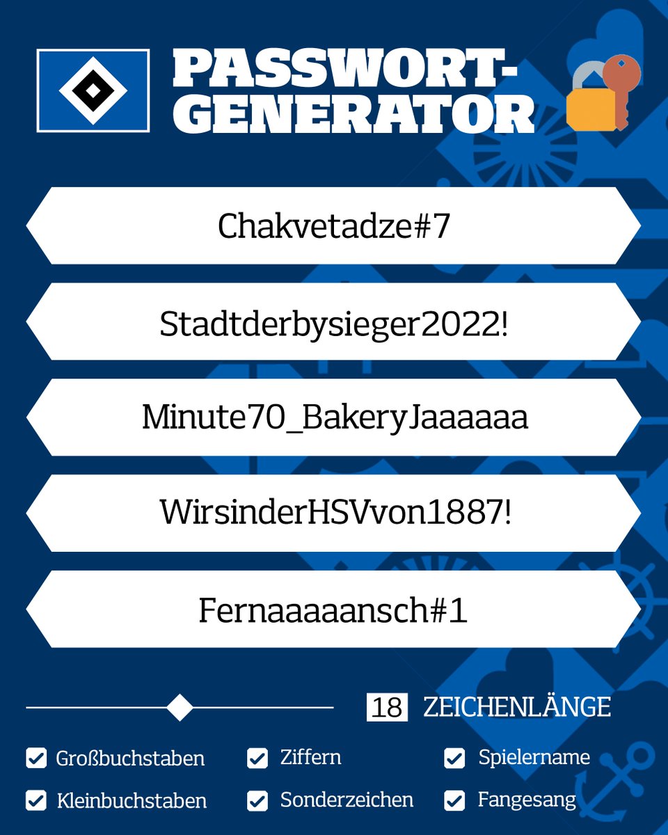 Heute ist der "Ändere-dein-Passwort"-Tag 🔏📲 

Unser Generator hat ein paar spannende Vorschläge für euch parat  – habt ihr noch weitere Ideen❓

#nurderHSV #ChangeYourPasswordDay