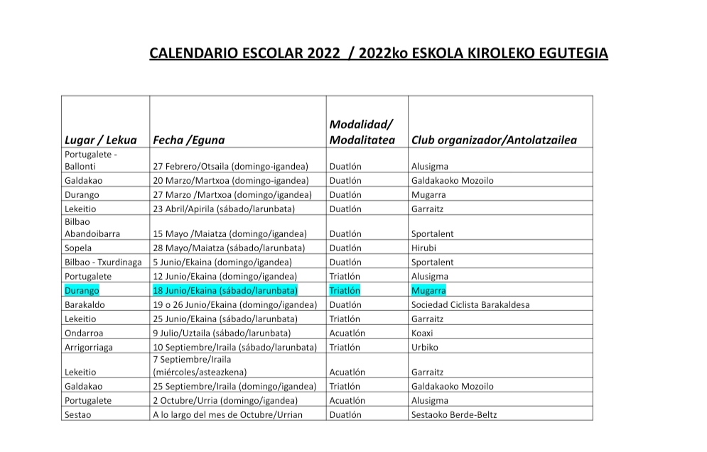 Eskola Kiroleko egutegiaren eguneraketa.

Actualización del calendario de Deporte Escolar.

#Bizkaitri #Eskolakirola