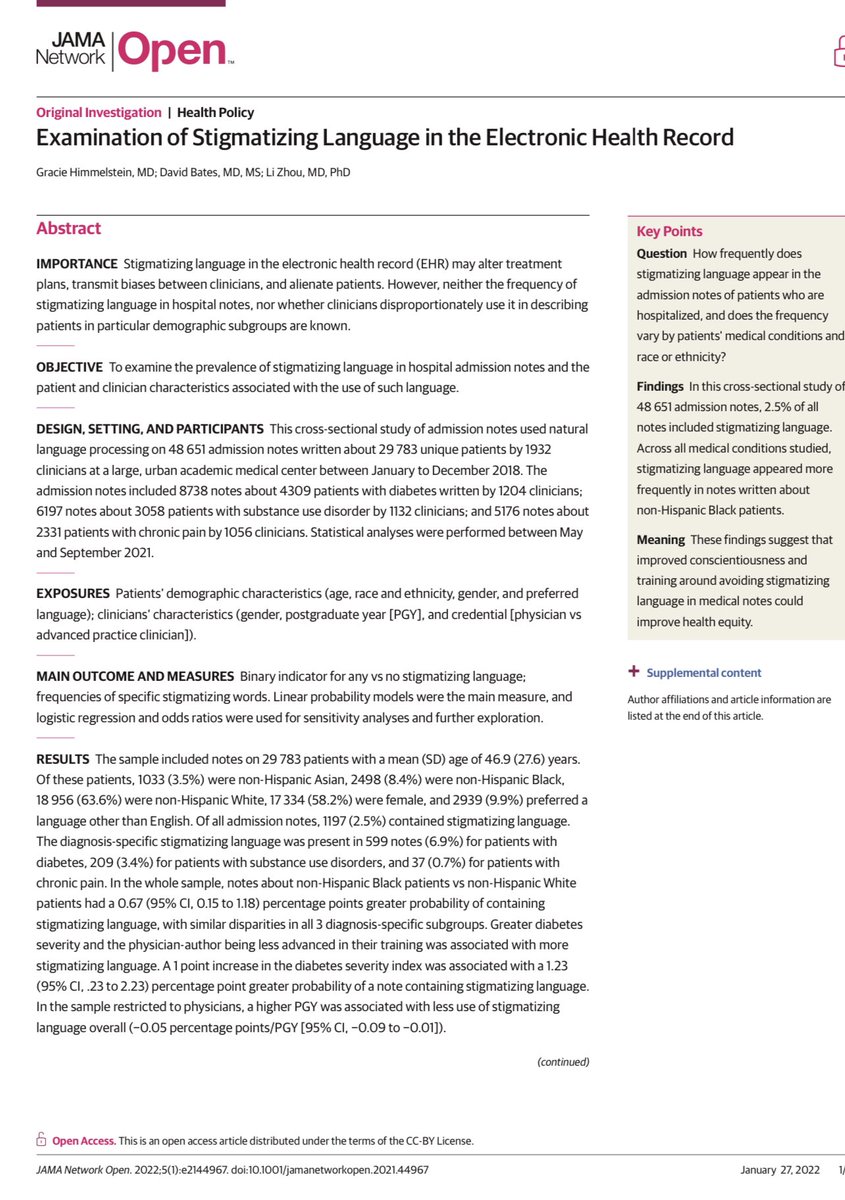 DrNwando's tweet photo. Two articles in same week showing the influence of stigmatizing language in EHRs and implications for health inequity, discrimination bias. Black patients 2.5 x more likely to have negative descriptors in clinical notes. The codification of stigma is a powerful determinant. https://t.co/7q1Gg6Mw5q