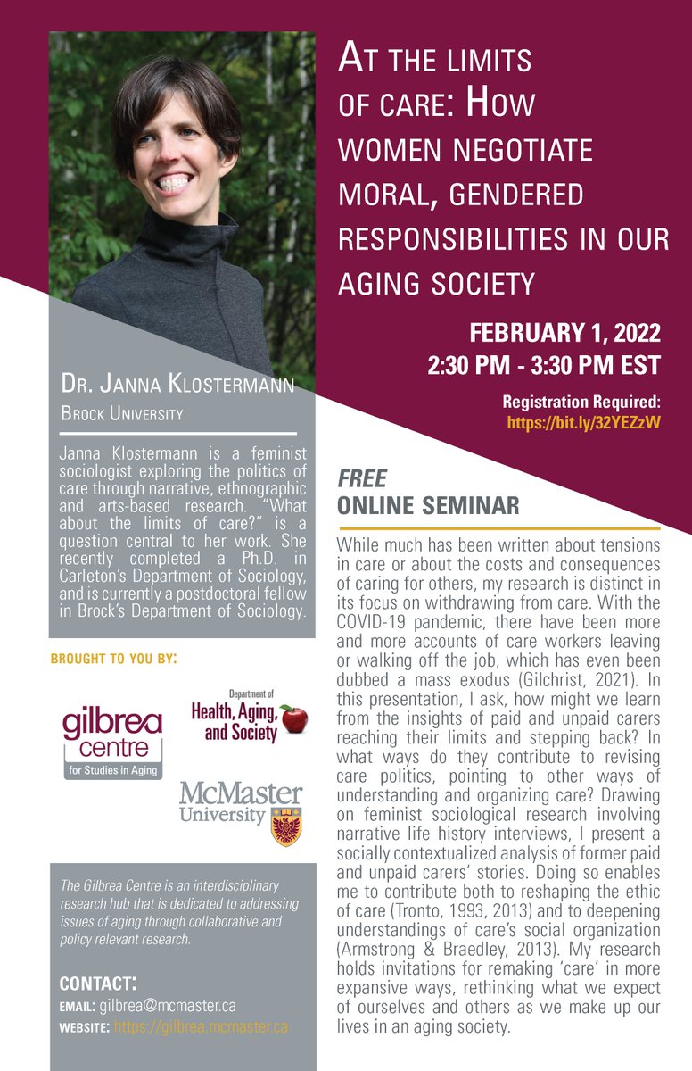 TOMORROW! Join <a href="/McMasterHAS/">McMaster Health & Aging</a> &amp; <a href="/GilbreaCentre/">Gilbrea Centre</a> for Dr. Janna Klostermann's (@jannaKlos) seminar "At the limits of care: How women negotiate moral, gendered responsibilities in our aging society" Feb. 1, 2:30pm ET bit.ly/3gas9Sn Register: bit.ly/3ITakUs