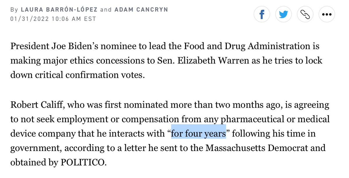 Califf has agreed to not seek employment or consulting with pharma companies for 4 years after leaving FDA.

Good idea to reduce the incentive for no quid pro quo / revolving door arrangements.

Now let's include all FDA staff, and enforce by law.

politi.co/3g84q5z