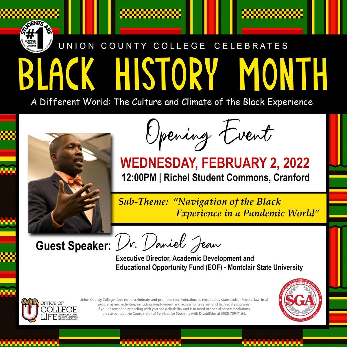 Join us a @UCCweb celebrates #BlackHistoryMonth.  Opening event Wednesday, February 2, 12:00 PM at the Richel Student Commons in Cranford.  Guest Speaker Dr. Daniel Jean