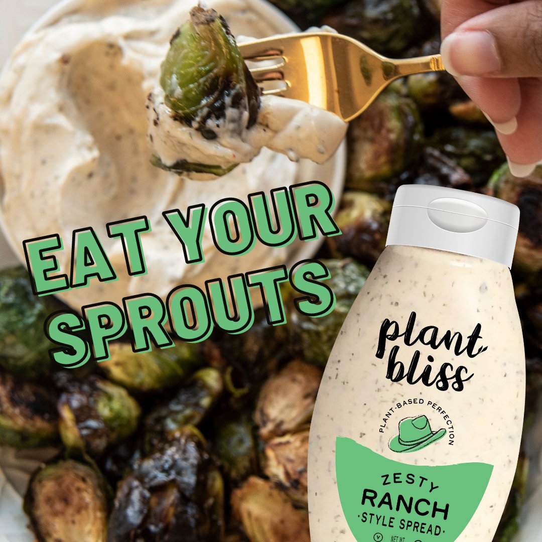 It's National Brussel Sprouts Day! We love to dipping crispy roasted Brussel sprouts in our creamy Zesty Ranch. What's your favorite way to eat Brussel sprouts? #plantblissfoods #plantbasedperfection #nationalbrusselsproutsday
