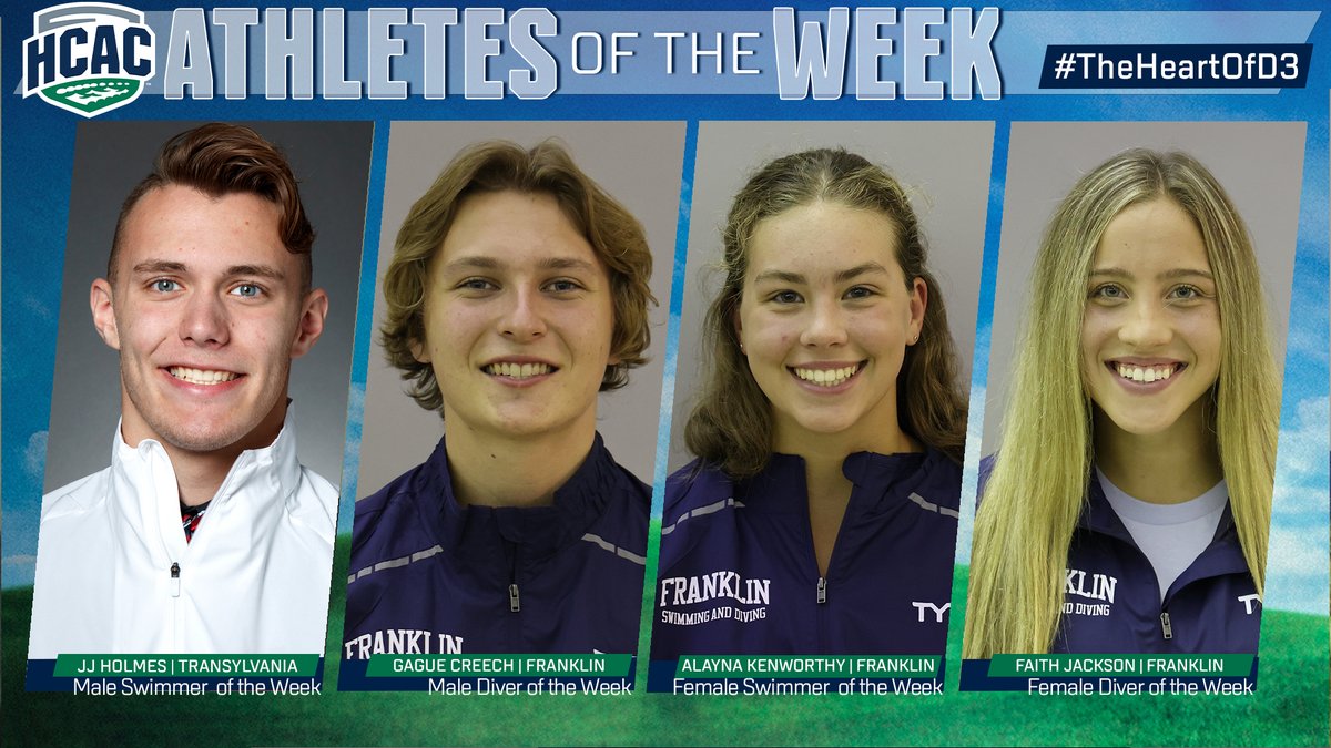 HCACDIII's tweet photo. HCAC Men's &amp; Women's Swimming &amp; Diving | Athlete of the Week

Congrats:
Men's Swim: JJ Holmes, @TransySports 
Men's Diving: Gague Creech, @FCGrizAthletics 
Women's Swim: Alayna Kenworthy, FC
Women's Dive: Faith Jackson, FC

https://t.co/Igg0VM6UJn

#TheHeartOfD3 #D3Swim https://t.co/PIMNbz0Cpl