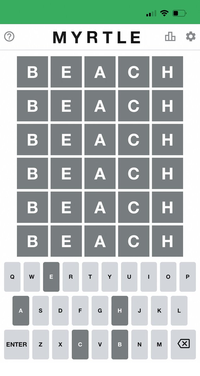 People keep telling us we're playing it wrong, but we don't think so. "Beach" is always the answer, don't you think? #wordle #myrtle #beach

Myrtle 131 X/6
⬜ ⬜ ⬜ ⬜ ⬜ 
⬜ ⬜ ⬜ ⬜ ⬜ 
⬜ ⬜ ⬜ ⬜ ⬜ 
⬜ ⬜ ⬜ ⬜ ⬜ 
⬜ ⬜ ⬜ ⬜ ⬜
