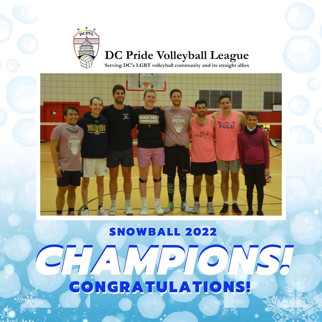 DCPVL's tweet photo. DCPVL would like to congratulate its 2nd Annual Winter Snowball Tournament winner and runner-up. This year's tournament hosted 87 players on ten teams across four divisions.

1st Place Winners
Team Name: DMV Bottoms Up

2nd Place Winners
Team Name: Sassy Serves!

See you in 2023! https://t.co/yNEao3Vv5F