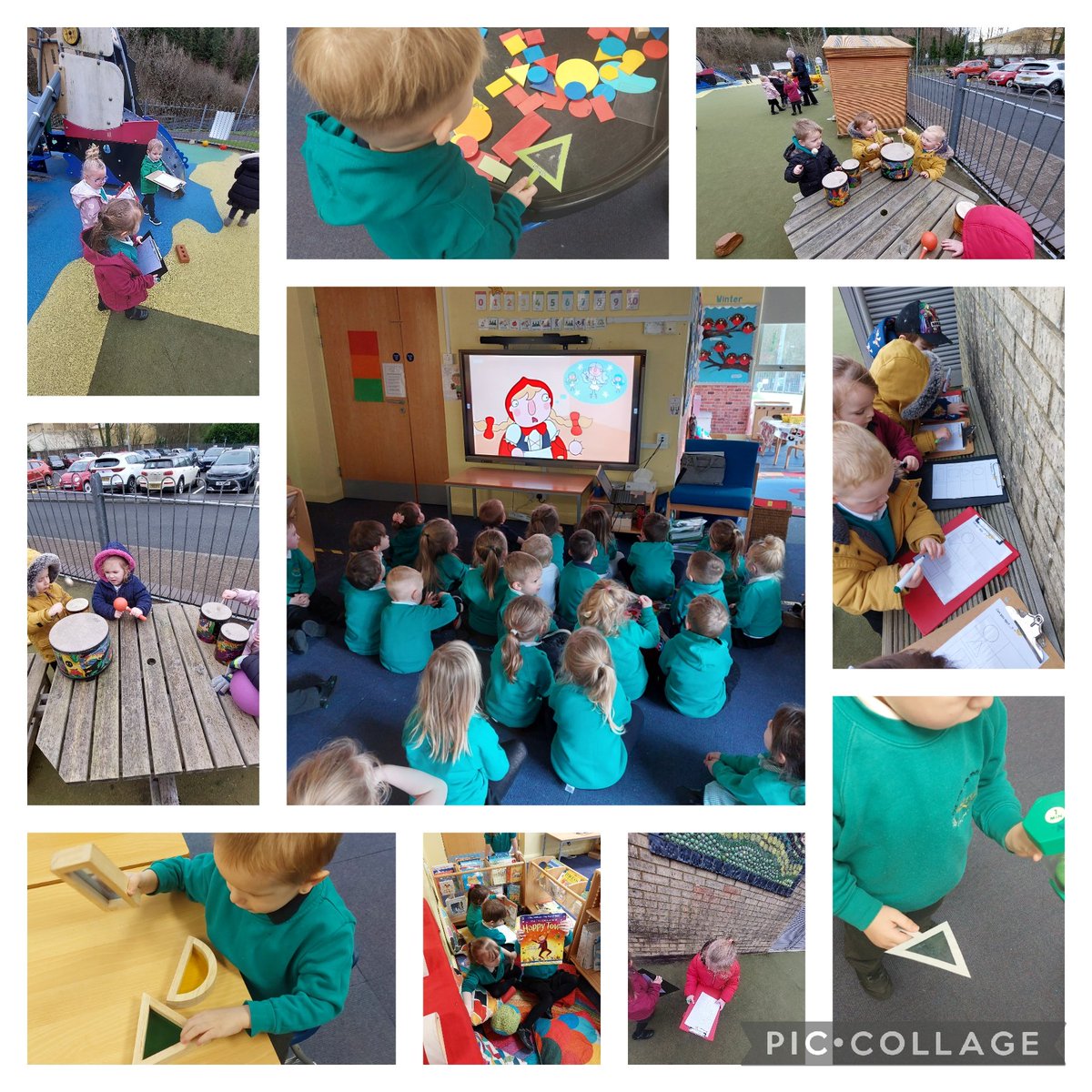 We've been investigating shape and became shape detectives today. We enjoyed having a music station outdoors and working together. Everyone loved watching the video adaptation of Little Red Riding Hood #NationalStorytellingWeek #UNCRC #article28 <a href="/OgmoreP/">Ogmore Vale Primary</a>