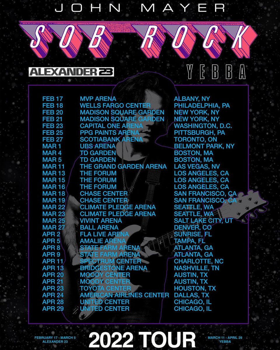 JohnMayer's tweet photo. SOB ROCK TOUR 2022 is just a few weeks away… and this one’s going to be special. We’re bringing the wonderful @alexander23 and YEBBA with us, and by “us,” I mean a band you’ll have see to believe.

🎟 link: https://t.co/60SzykxPK3 https://t.co/vTS9Wx8lQW
