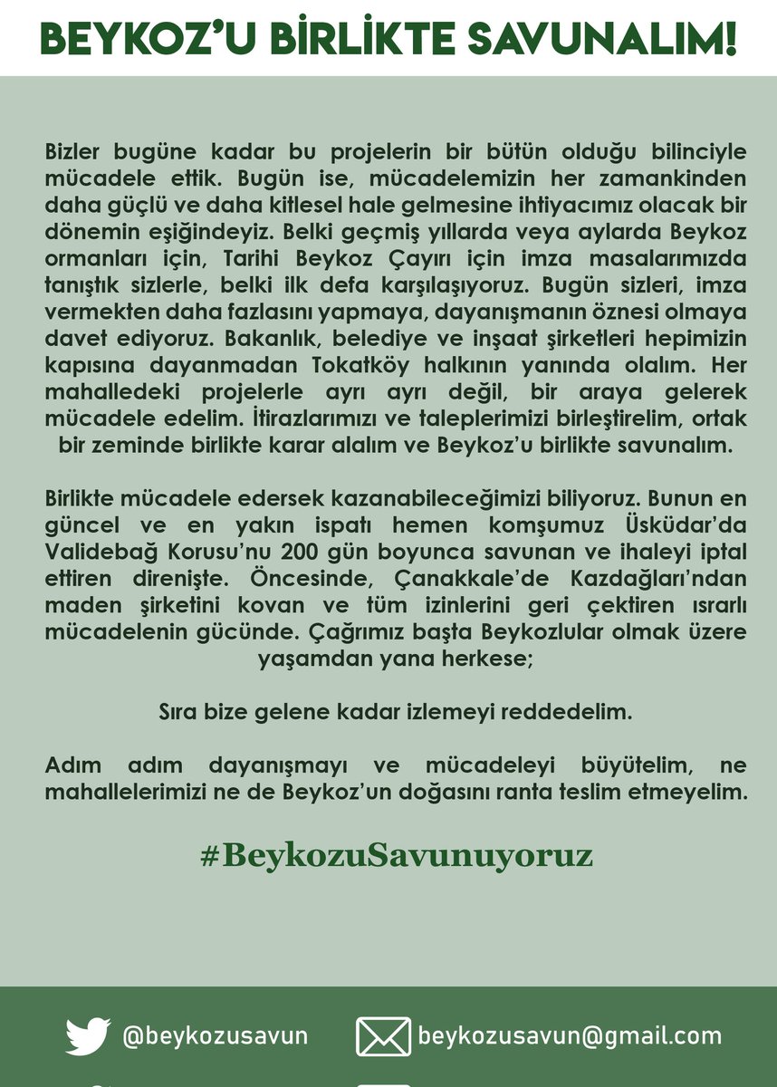 Beykoz’un doğasını ve mahallelerimizi ranta teslim etmeyeceğiz. Sorunlarımız ortak, çaremiz var. Birlikte mücadele edelim, birbirimizin sesi olalım, kazanalım. Tüm Beykozluları bize ulaşmaya, dayanışmayı büyütmeye davet ediyoruz. #BeykozuSavunuyoruz 

📍Paşabahçe Pazarı