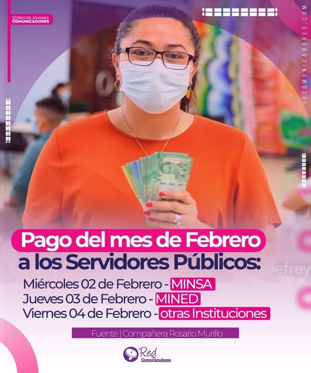 Siempre #UnidosEnVictorias Avanzamos hacia el mes más cortijo del año pero lleno de amor y prosperidad en nuestra bella #Nicaragua Aquí la programación de pago del mes de Febrero a Servidores Públicos. 

@IndiraVargas97 <a href="/LaZelayita/">La Zelayita 🇳🇮</a> <a href="/Atego16/">@🅰🆃🅴🅶🅾 🇳🇮</a>