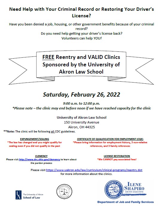 The next VALID Clinic will be taking place in-person on Saturday, February 26, 2022.

This program is sponsored by <a href="/AkronLaw/">Akron Law</a>, the Akron Bar Foundation and <a href="/SummitExecutive/">County Executive Ilene Shapiro</a>.