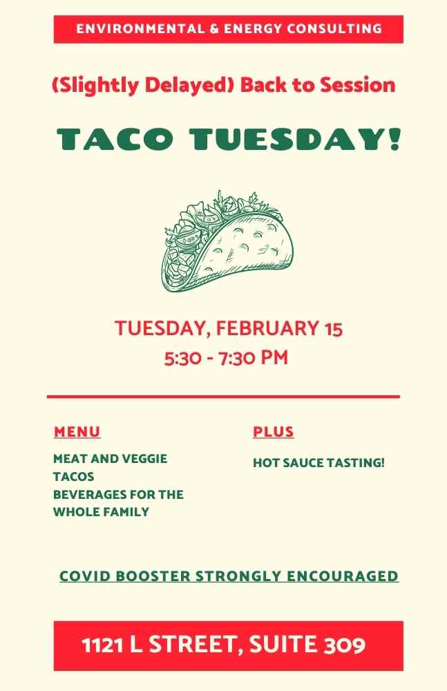 EEC_California's tweet photo. Rescheduled Event: 

Join the EEC team for a back to session celebration! We will have a variety of tacos for all types of diets, as well as festive beverages!

We will also have a hot sauce tasting opportunity for those with brave taste buds! https://t.co/U7No4swlEG