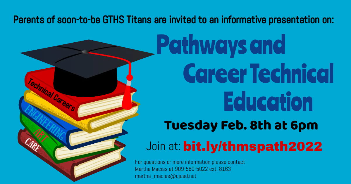Parents of <a href="/THMS_CJUSD/">Terrace Hills MS</a> 8th graders are invited to join us VIRTUALLY next Tuesday, February 8th for a presentation on all things CTE, Pathways, and <a href="/GrandTerraceHS/">Titans</a> transition! <a href="/CRYROP/">CRYROP</a> <a href="/ColtonJUSD/">Colton Joint Unified</a> <a href="/CjusdCte/">CJUSD CTE</a>