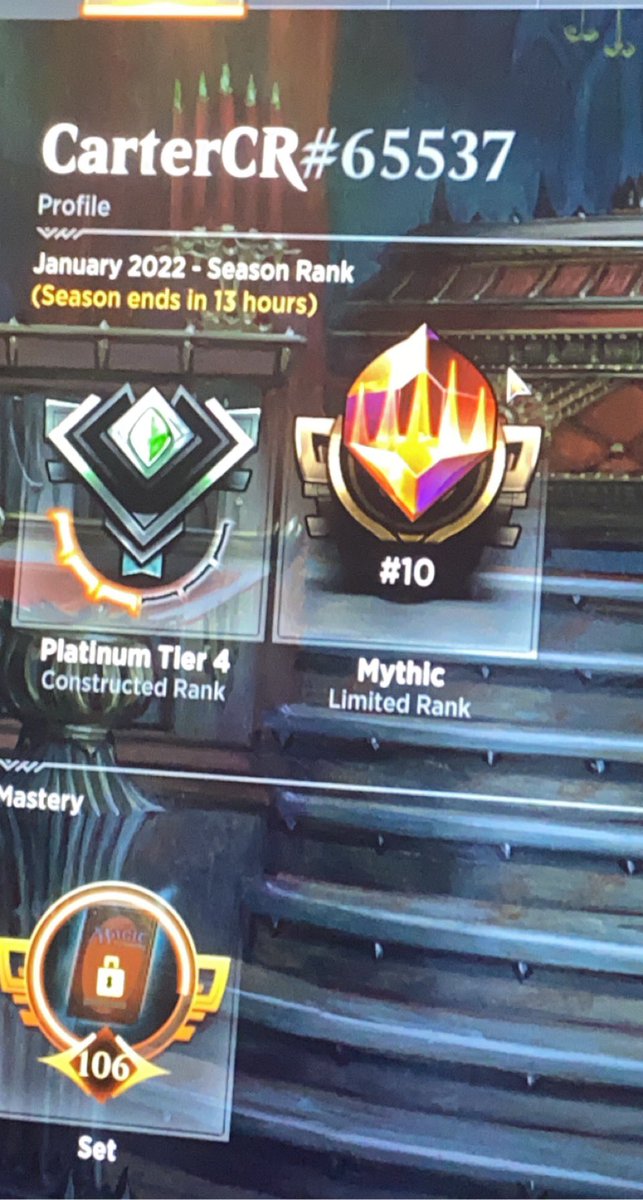 I finished 10th at the end of the season but forgot to take a picture (:

It sucks that all you get for a top finish is a couple packs. Would love an in game leaderboard or something that distinguishes high finishes from just hitting mythic.