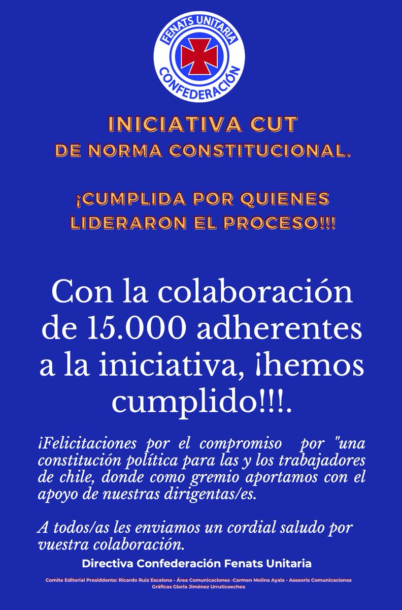 Nuestras felicitaciones a la iniciativa Popular de Norma de la CUT, con la colaboración de nuestras/os dirigentes de todo el país.
15.000 Apoyos!!! CUMPLIMOS Y SEGUIMOS!!!