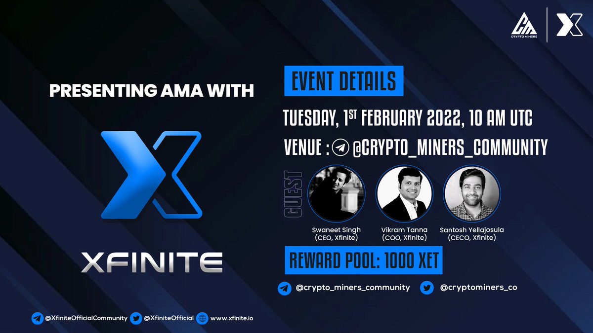 CryptoMiners_Co's tweet photo. 🎙️We're pleased to announce our next #AMA with XFINITE on 1st February at 10:00 AM UTC

💰Rewards : 1000 XET

🏠Venue : https://t.co/ugj9U9IXPD

〽️Rules:
1⃣ Follow @Cryptominers_co &amp; @XfiniteOfficial
2⃣ Like &amp; RT
3⃣ Comment Questions &amp; Tag 3 Friends (Max 3 questions) https://t.co/BPMvEljnc3