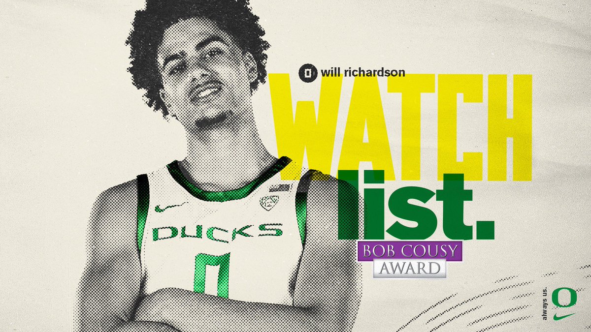 OregonMBB's tweet photo. 𝓣𝓸𝓹 𝓣𝓮𝓷.

Will Richardson has been named one of ten finalists for the Bob Cousy Award, which recognizes the nation's top point guard. #GoDucks 

Details ➜ https://t.co/nDzIUEIYL9 https://t.co/wxCSD8CRdD