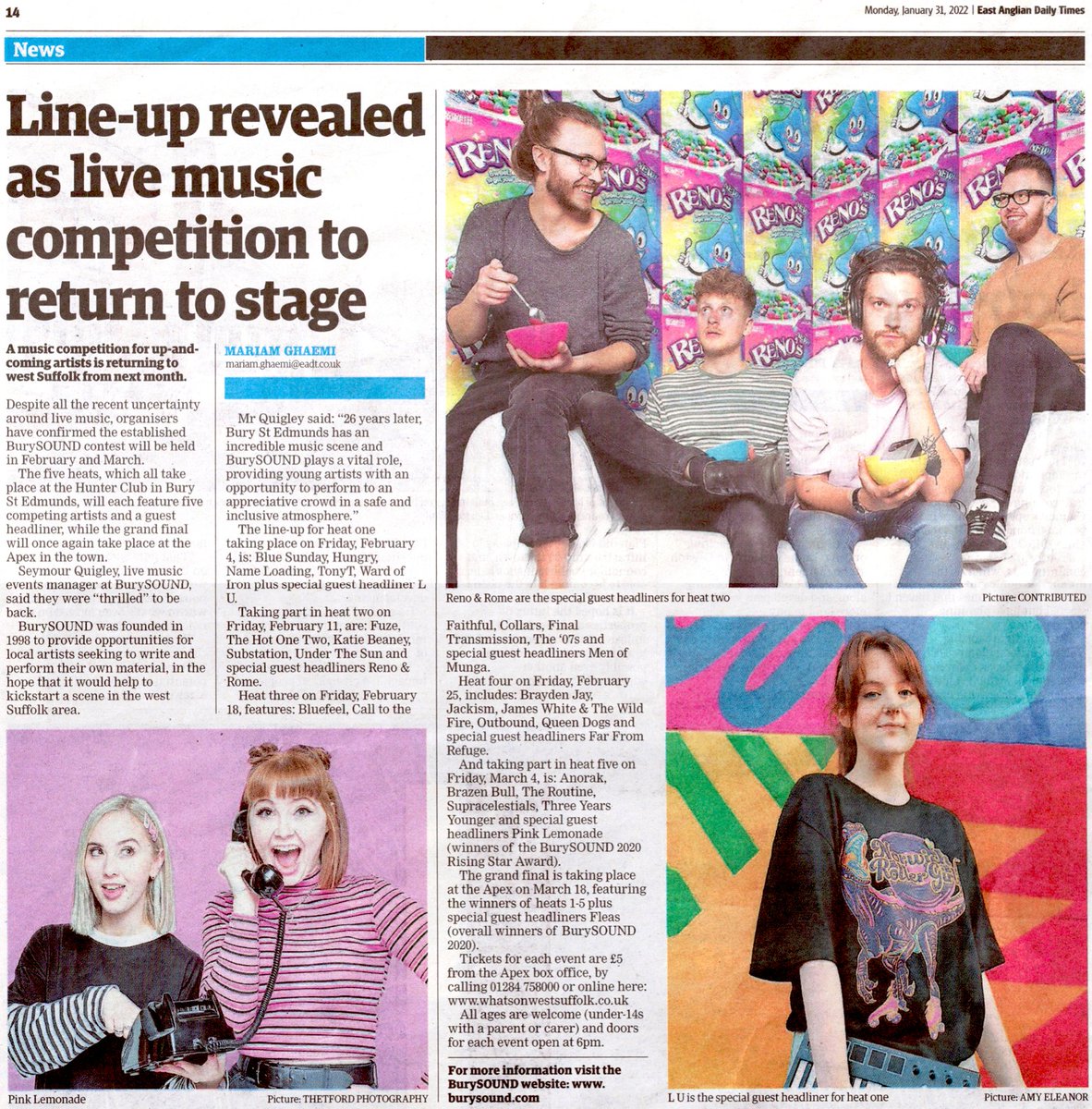 Huge thanks to @mariamghaemi at @EADT24 for this lovely preview of BurySOUND, with pics of guest headliners @renoandrome @PinkLemonadeHQ #LU Heat One is THIS FRIDAY, 4th Feb at @HunterClubBSE - grab your tickets via @WhatsOnWSuffolk at whatsonwestsuffolk.co.uk