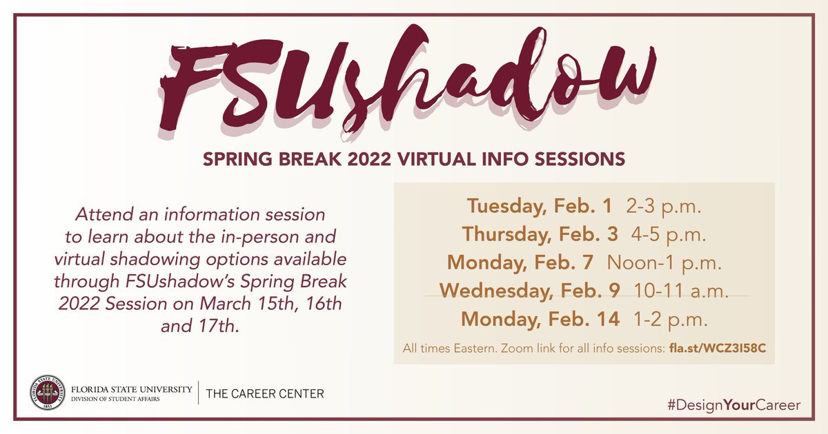 FSUCareerCenter's tweet photo. Are you interested in a one-day job shadowing experience? Have you ever wondered what a day-in-the-life will be like when you enter the workforce? #FSUshadow applications open tomorrow! Attend an info session for more information. #DesignYourCareer

https://t.co/TN7YFRkW79 https://t.co/2cuu7s9UnZ