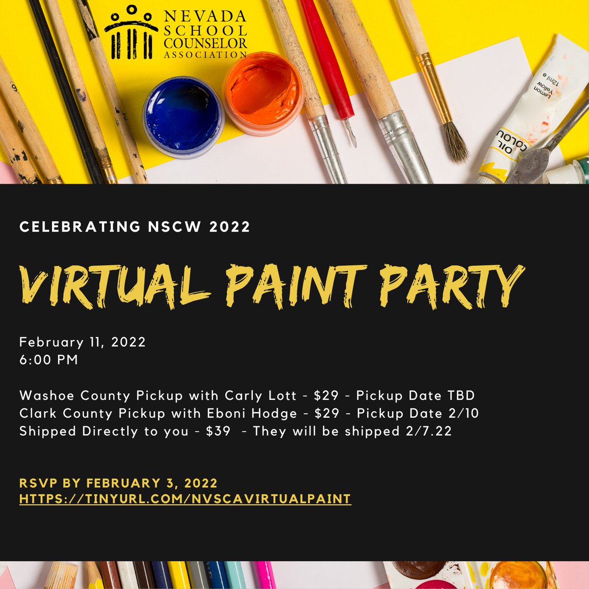 nvscatweets's tweet photo. Virtual paint party for School Counseling Week!!!!  Sign up by 2/3 to make sure you have supplies on time! https://t.co/B8sCPgr3Cv