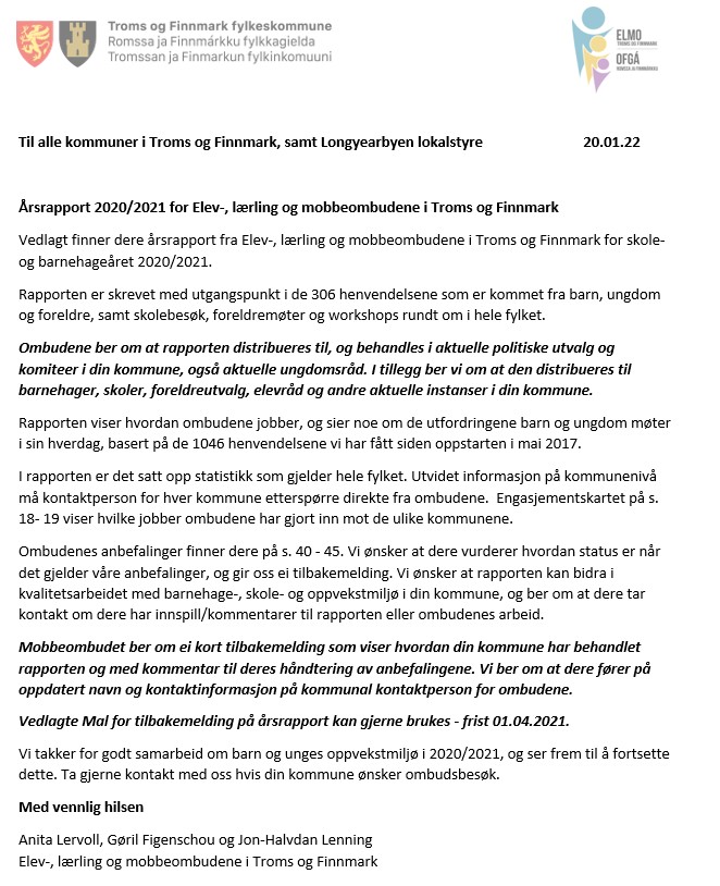 mobbeombud's tweet photo. Elev-, lærling og mobbeombudene i Troms og Finnmark inviterer alle kommunene til å gi tilbakemelding på årsrapporten. Alt om dette finner dere nederst her: https://t.co/pyefE9Q8jg https://t.co/P64TTBWhYG