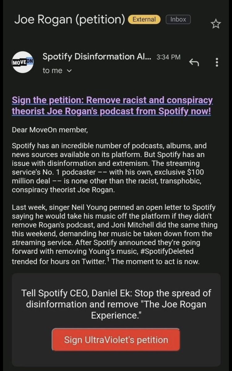 esaagar's tweet photo. The feminist group Ultraviolet and Move On are spamming their supporters encouraging them to petition Spotify to remove Joe Rogan with not only the call for censorship but disgustingly smearing him as a racist

These people are despicable 

Email provided to me by a listener https://t.co/J0kMmYFGUZ