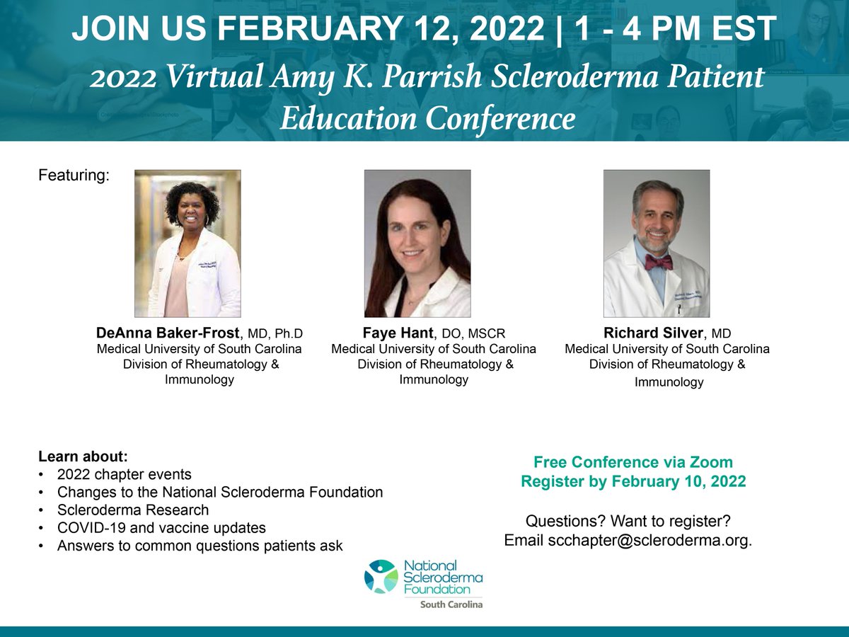 SC Chapter (@scscleroderma) on Twitter photo Don’t forget to register for the 2022 Virtual Amy K. Parrish Scleroderma Patient Education Conference!
The last day to register will be Feb. 10, and the Zoom link will be sent Feb. 9. Register by emailing scchapter@scleroderma.org.
We hope to see you there! Don’t forget to register for the 2022 Virtual Amy K. Parrish Scleroderma Patient Education Conference!
The last day to register will be Feb. 10, and the Zoom link will be sent Feb. 9. Register by emailing scchapter@scleroderma.org.
We hope to see you there!