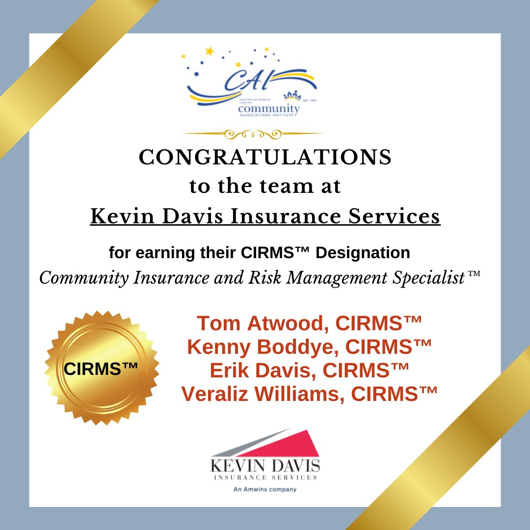 caiglac's tweet photo. Congratulations to the team at Kevin Davis Insurance Services for earning their CIRMS Designation!
The CIRMS designation recognizes a demonstrated high level of competency within the risk management profession.
#caiglac #wearecai #CIRMS #caiCIRMS #hoainsurance https://t.co/96JoVJNsoj