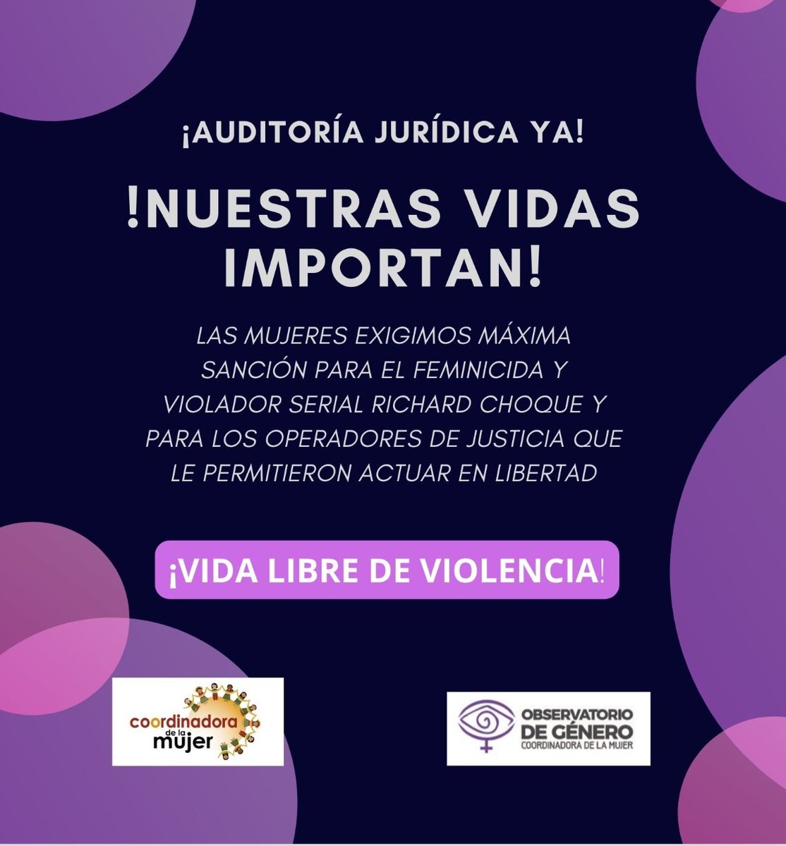 CoordinadoraBO's tweet photo. #Bolivia 
Basta de corrupción y de un manoseo de las leyes. 
▶▶ Urge una reforma de justicia para acabar con la impunidad que suma dolor a quienes perdieron a una madre, una hija, una hermana, una amiga…
📢📢¡Vida libre de violencia!
#NiUnaMenos
#VivasNosQueremos https://t.co/lHHXDuMI2N