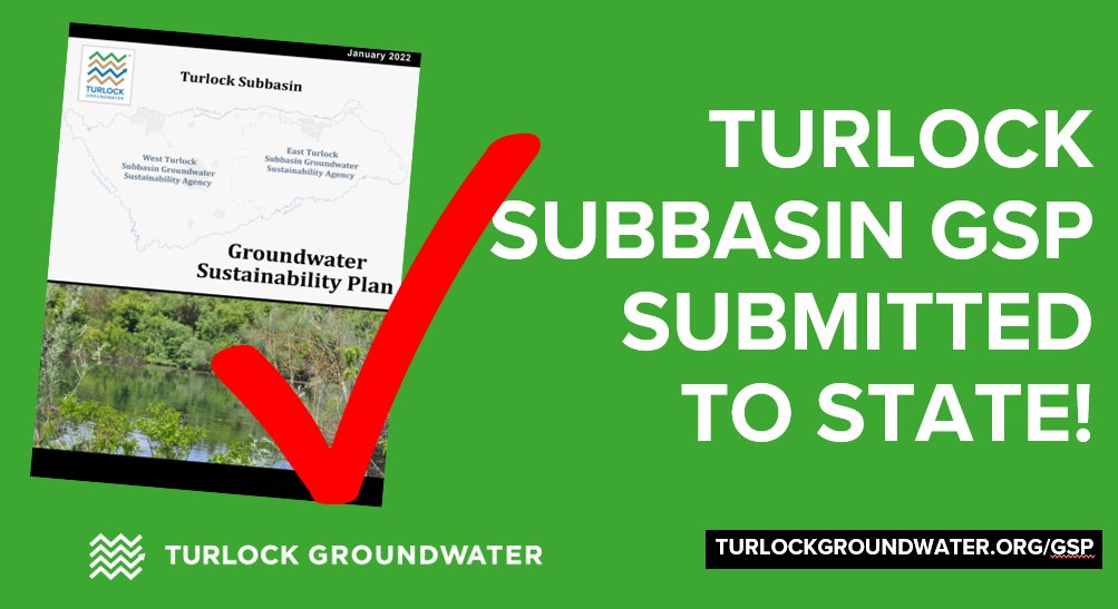 TurlockSubbasin's tweet photo. The #Turlock #Subbasin GSAs submitted the Subbasin's #Groundwater #Sustainability Plan to @CA_DWR on Friday. The GSAs adopted the Turlock Subbasin GSP at a January 6, 2022 public hearing. Learn more here https://t.co/bNIHmqnQdC #CAwater #SGMA https://t.co/WoXARnH8eE