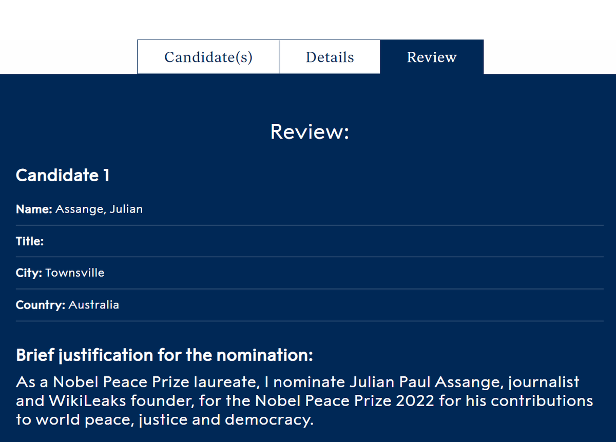 My mother has just nominated Julian Assange for the Nobel Peace Prize. (Parents are both Nobel Peace Prize laureates, UN Peacekeepers 1988).