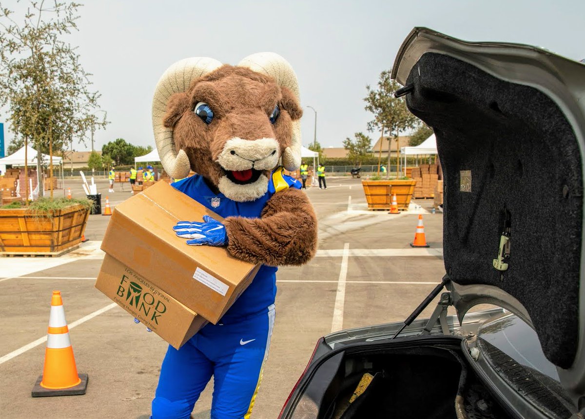 LA Rams Rampage helping with a drive-through food distribution in partnership with the LA Regional Food Bank