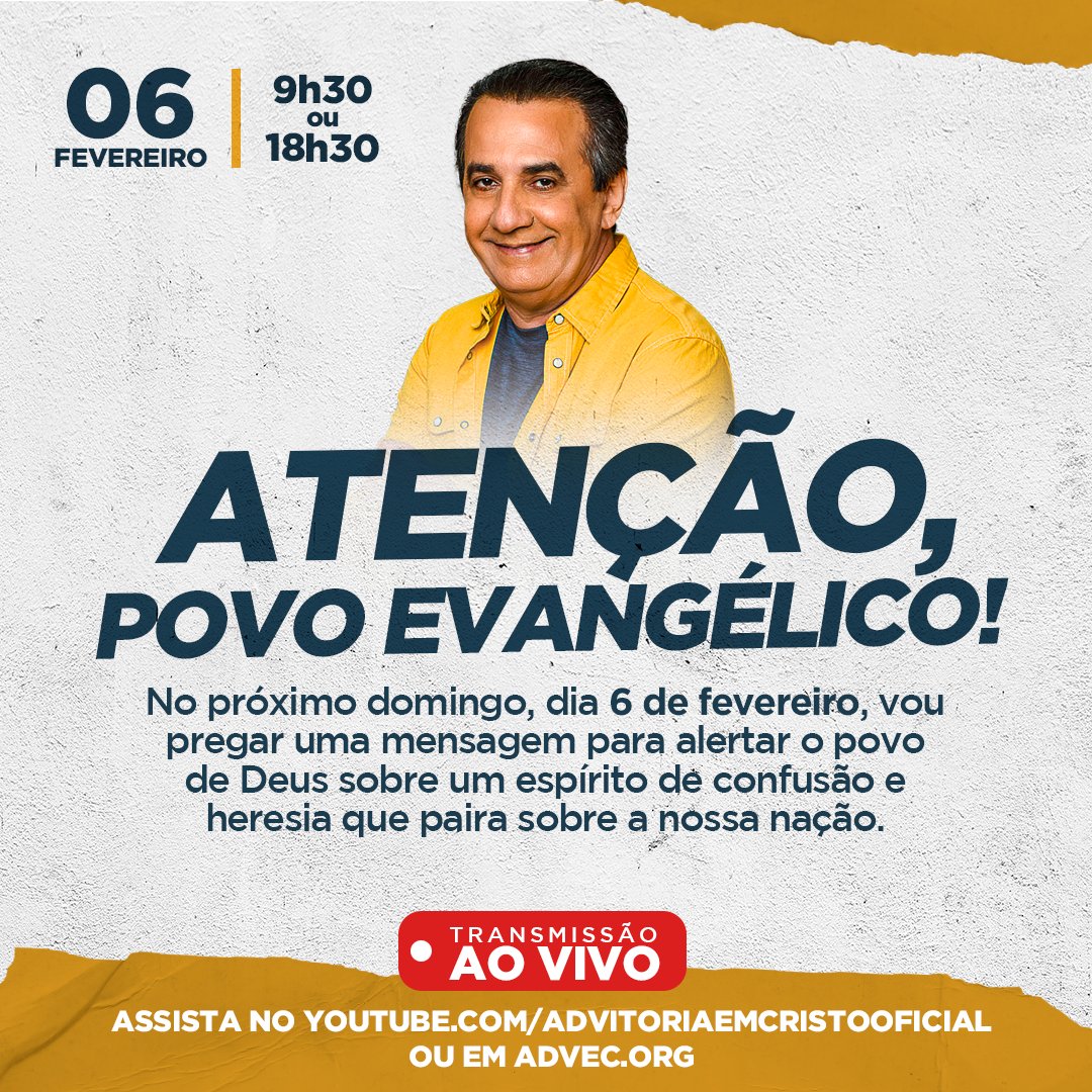 #Repost <a href="/silasmalafaia/">Silas Malafaia</a>

Tenho uma mensagem muito importante para você no próximo domingo, dia 6 de fevereiro, às 9h30 ou às 18h30. Eu vou fazer um alerta sobre um espírito de confusão e heresia que paira sobre a nossa nação.

Assista ao vivo em youtube.com/advitoriaemcri…