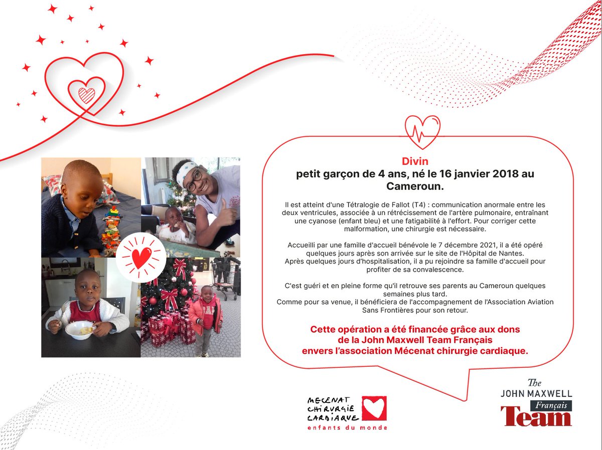 MLCT_FR's tweet photo. En ce jour, nous souhaitons un bon rĂ©tablisssement au petit Divin qui a Ă©tĂ© opĂ©rĂ© du cĆur en dĂ©cembre dernier via lâassociation @mecenat chirurgie cardiaque.
#JMTF # JMT #Mecenat #johnmaxwellteam https://t.co/XOFVfk1Af7