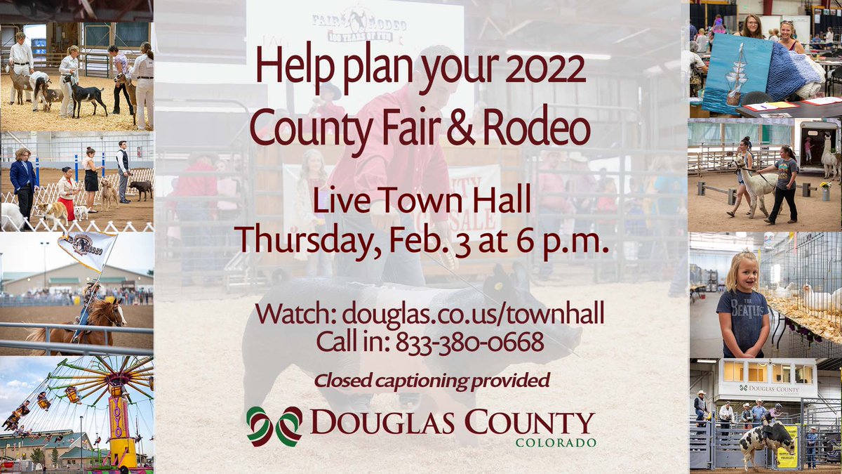 dcfairandrodeo's tweet photo. We need your help planning the 2022 Douglas County Fair and Rodeo!
Join us for a Live Town Hall from 6 p.m. to 7 p.m. Thursday, Feb. 3. 
Details:https://t.co/yhni6FjNRZ https://t.co/DuYVy0ZDRW