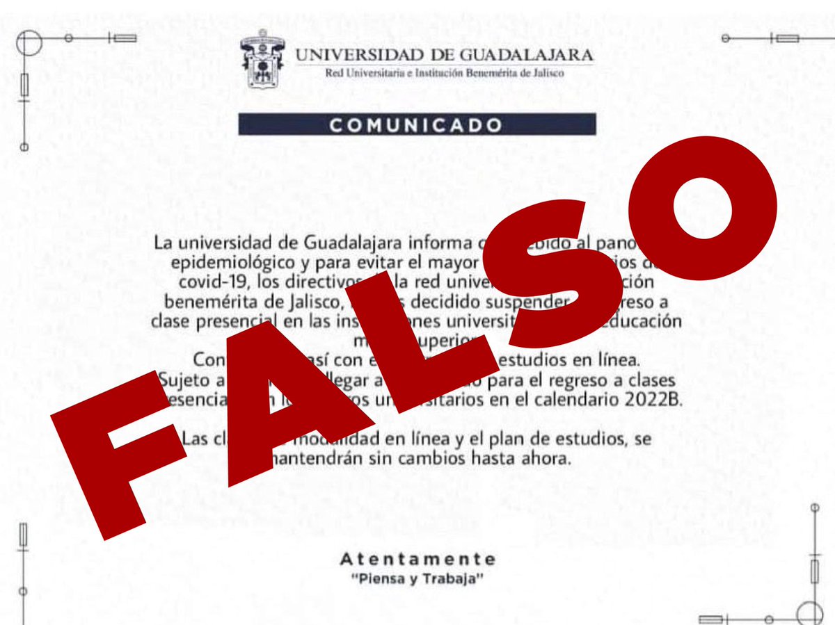udg_oficial's tweet photo. Está circulando un comunicado NO OFICIAL en donde se afirma que las clases serán virtuales durante todo el semestre. ‼️ ESTO ES FALSO. 

El retorno presencial a las aulas es el 8 de febrero, como fue anunciado. Cualquier cambio en el calendario se anunciará por redes oficiales. https://t.co/Cgt07FsjXN