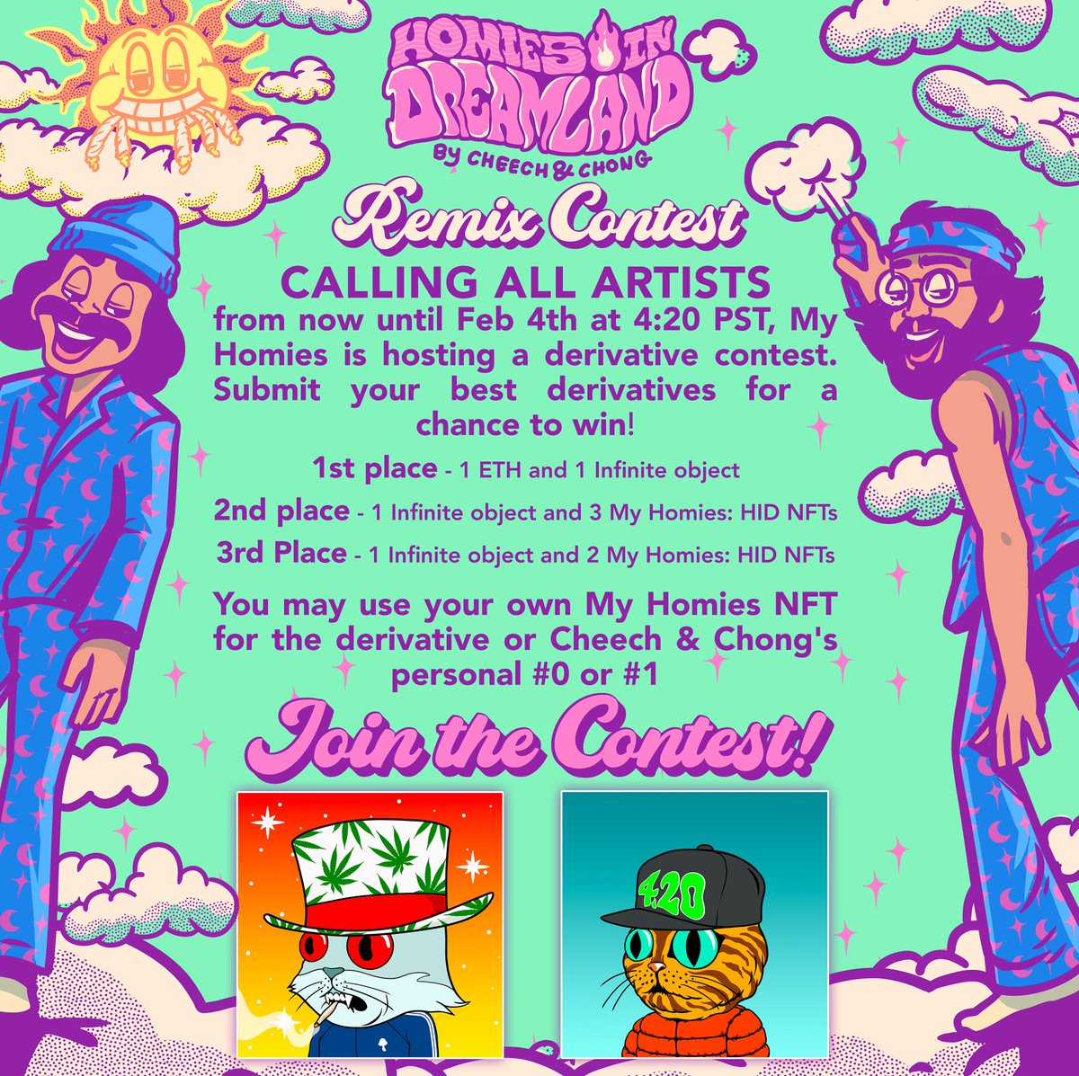 MyHomies's tweet photo. Hy Homies Remix Contest! 

From now until February 4th at 4:20 PST, My Homies is hosting a derivative contest. 

Submit your entry  by posting to twitter with the following:

"This is my entry for @MyHomies Remix contest. #MyHomiesRemix #NFT"   @MyHomies @TommyChong @CheechMarin https://t.co/P4XglwRkEc