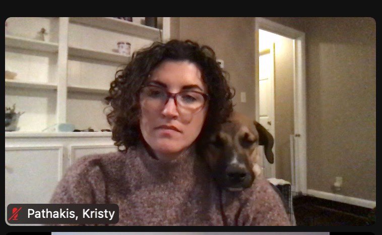 KristyPathakis's tweet photo. Timber was very interested in the discussion of systems of oppression today. #wokedog #zoomteaching #AcademicTwitter https://t.co/pcvPVQ1CIm