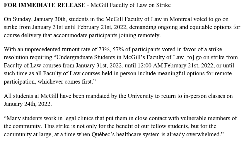 genevievejoelle's tweet photo. FOR IMMEDIATE RELEASE:

Students at #McGill law voted overwhelmingly in favour to strike due to unsafe covid conditions

We stand in solidarity with our unionizing profs, students with disabilities &amp; students w/ caretaking responsibilities

Please boost and share! #McGillOnStrike https://t.co/FBR3iBC6x4