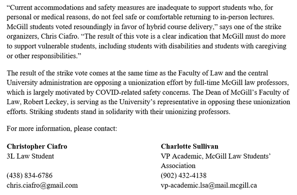genevievejoelle's tweet photo. FOR IMMEDIATE RELEASE:

Students at #McGill law voted overwhelmingly in favour to strike due to unsafe covid conditions

We stand in solidarity with our unionizing profs, students with disabilities &amp; students w/ caretaking responsibilities

Please boost and share! #McGillOnStrike https://t.co/FBR3iBC6x4